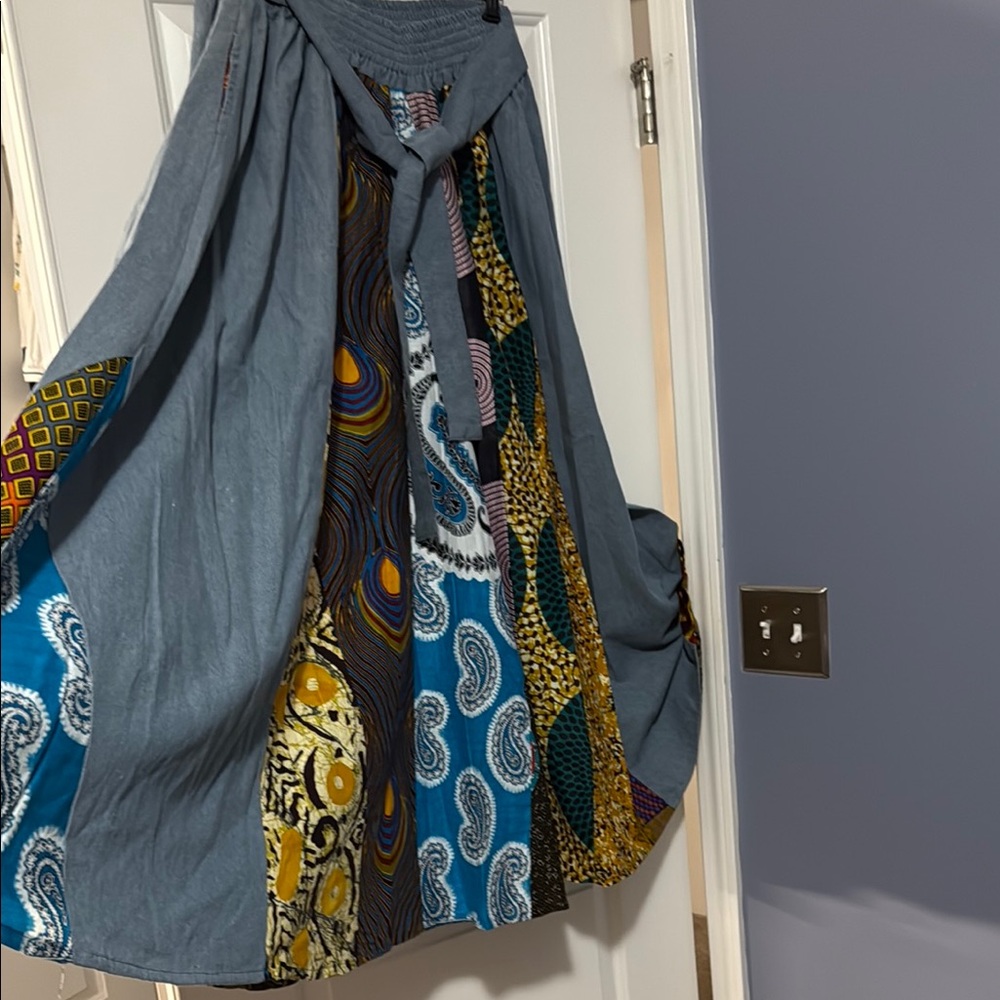 African print long denim multi skirt one size fits all